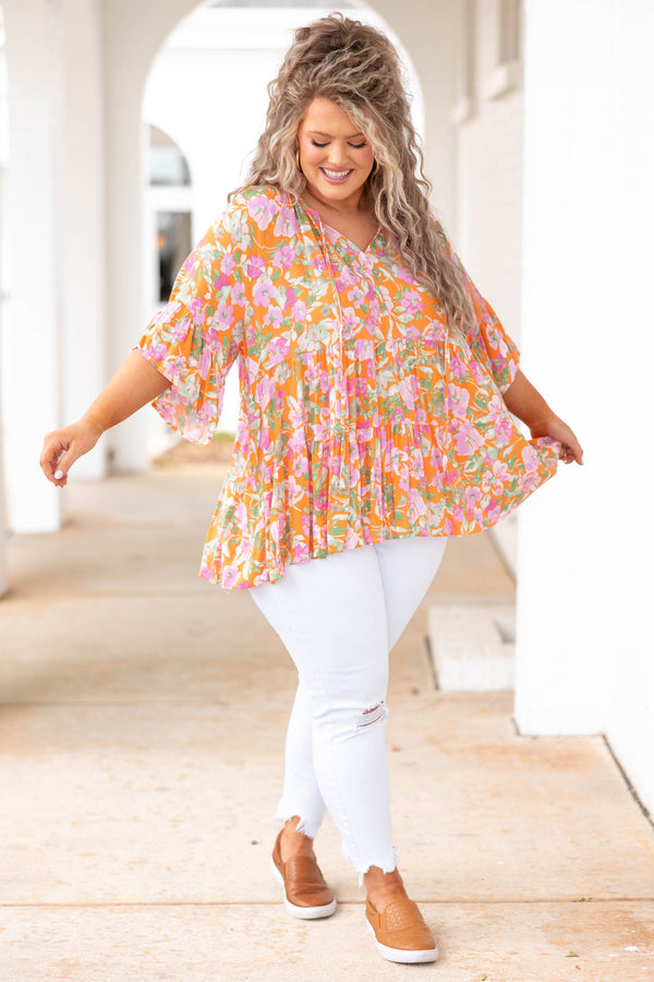 Chic Soul plus size clothing, orange babydoll style top with floral pattern
