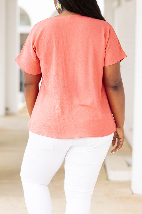 Chic Soul plus size clothing, melon pink colored top with knotted hemline