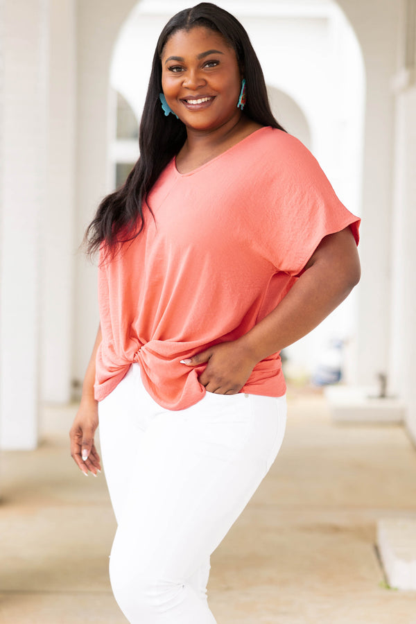 Chic Soul plus size clothing, melon pink colored top with knotted hemline