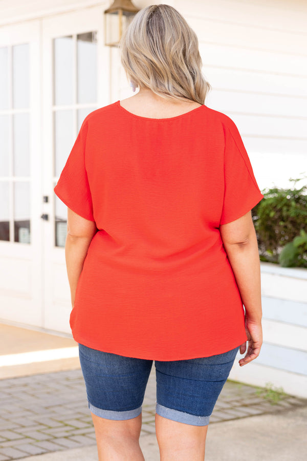 Chic Soul plus size clothing, tomato red solid short sleeve knot in front top