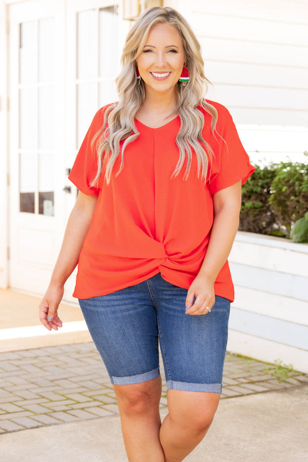Chic Soul plus size clothing, tomato red solid short sleeve knot in front top