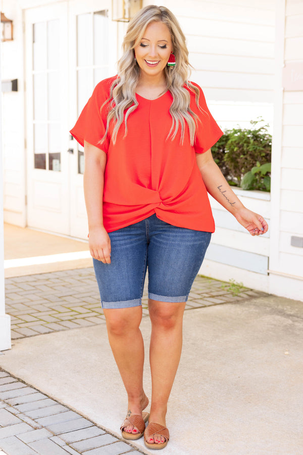 Chic Soul plus size clothing, tomato red solid short sleeve knot in front top