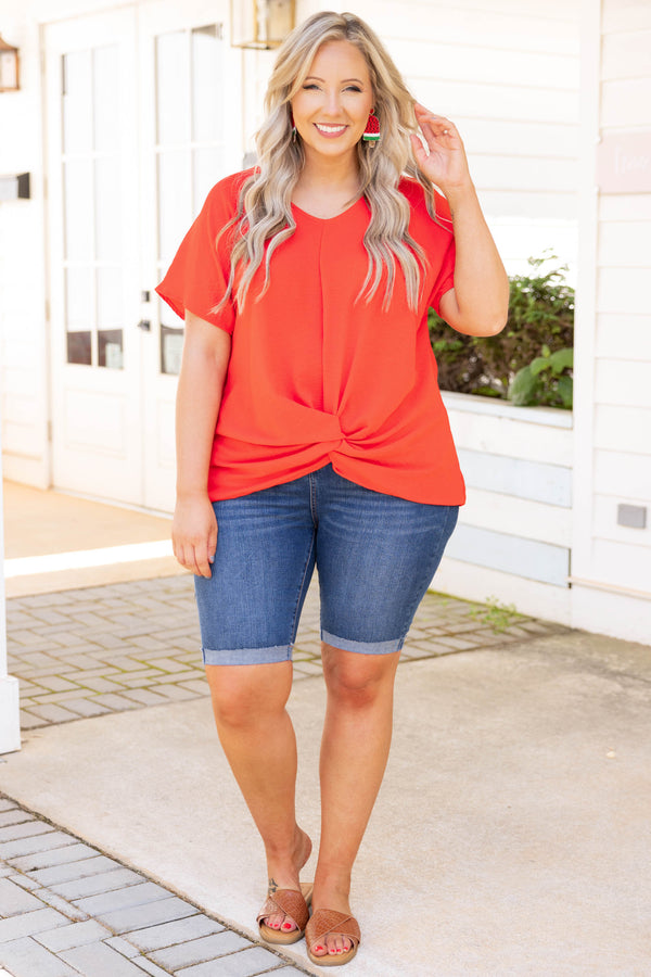Chic Soul plus size clothing, tomato red solid short sleeve knot in front top