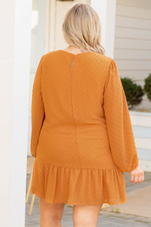 Plus Size rust-colored mini dress with Swiss dots, long balloon sleeves, and a ruffled hem.