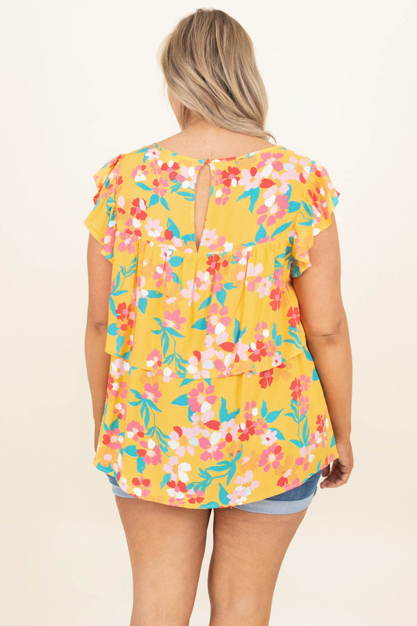 Chic Soul plus size clothing, marigold yellow teal floral pattern short bell sleeve babydoll top