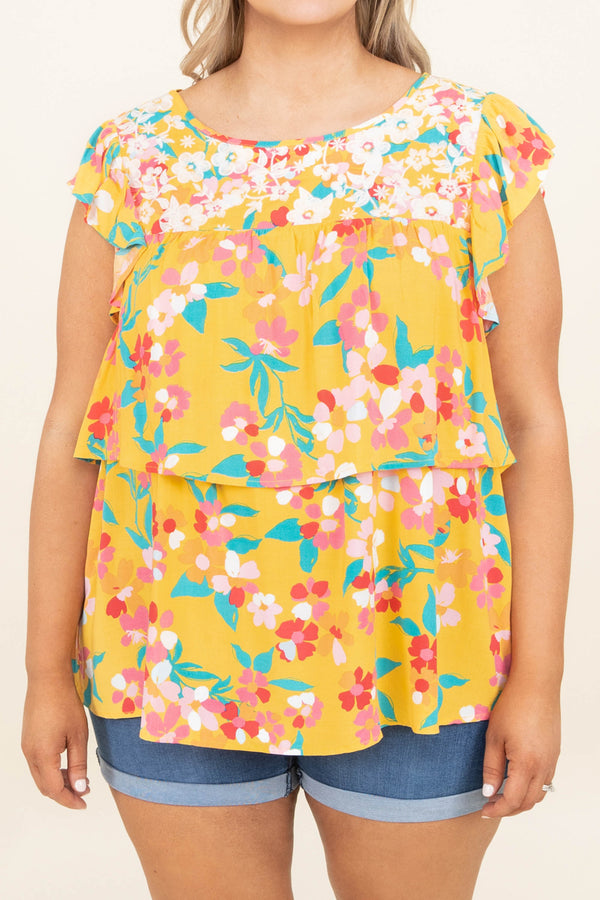 Chic Soul plus size clothing, marigold yellow teal floral pattern short bell sleeve babydoll top