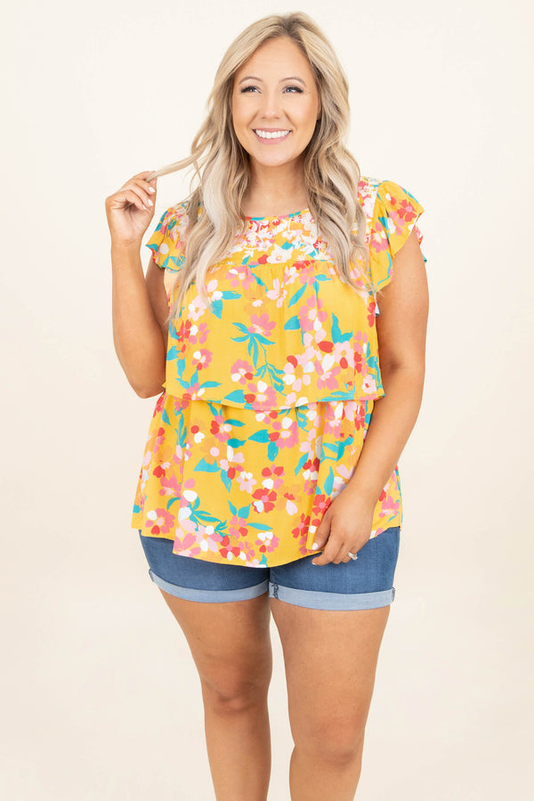 Chic Soul plus size clothing, marigold yellow teal floral pattern short bell sleeve babydoll top
