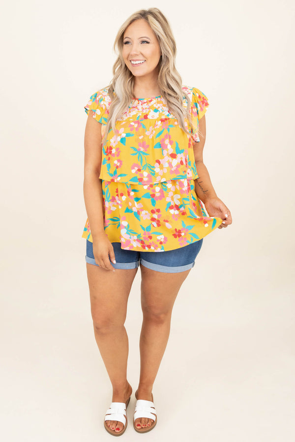 Chic Soul plus size clothing, marigold yellow teal floral pattern short bell sleeve babydoll top