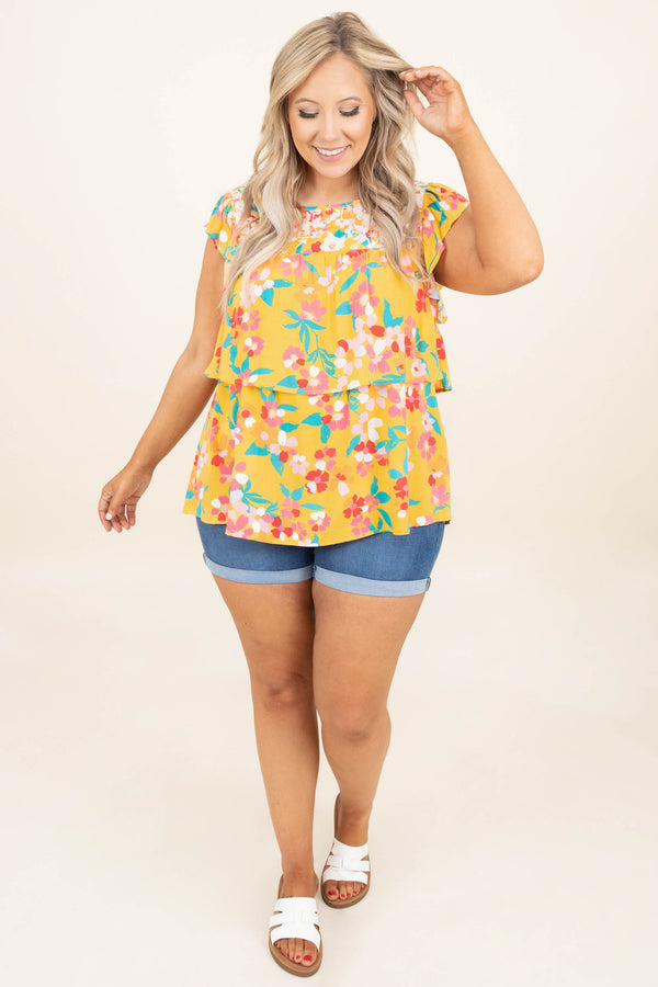 Chic Soul plus size clothing, marigold yellow teal floral pattern short bell sleeve babydoll top