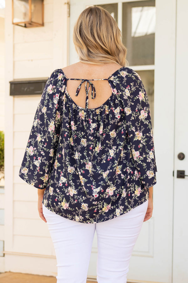 Chic Soul plus size clothing, black long bell sleeve floral mix pattern top