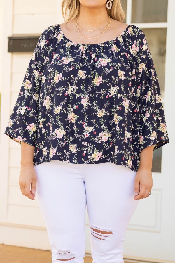 Chic Soul plus size clothing, black long bell sleeve floral mix pattern top