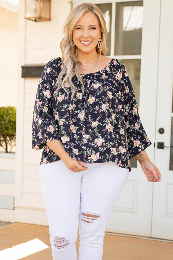 Chic Soul plus size clothing, black long bell sleeve floral mix pattern top