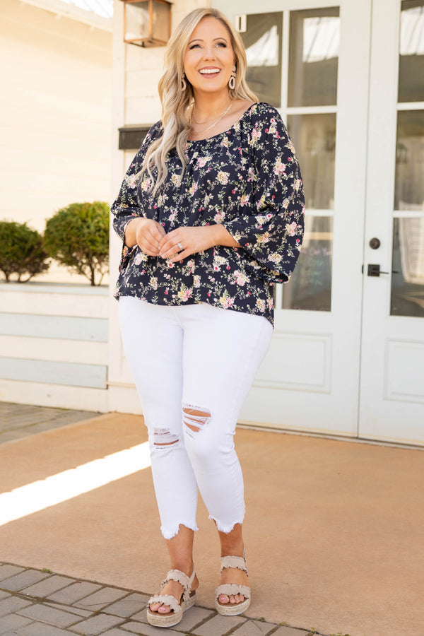 Chic Soul plus size clothing, black long bell sleeve floral mix pattern top