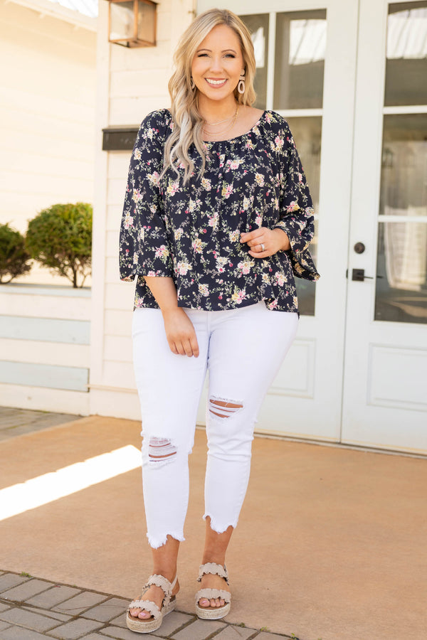 Chic Soul plus size clothing, black long bell sleeve floral mix pattern top