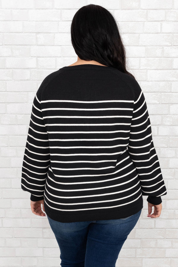 Chic Soul plus size clothing, black and white striped long sleeve shirt with buttons