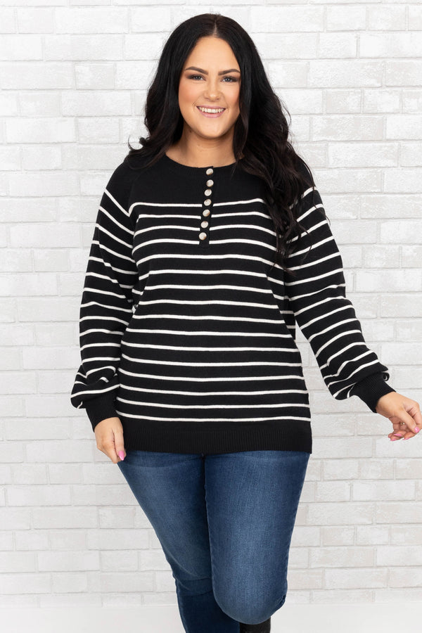 Chic Soul plus size clothing, black and white striped long sleeve shirt with buttons