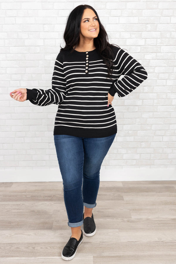 Chic Soul plus size clothing, black and white striped long sleeve shirt with buttons