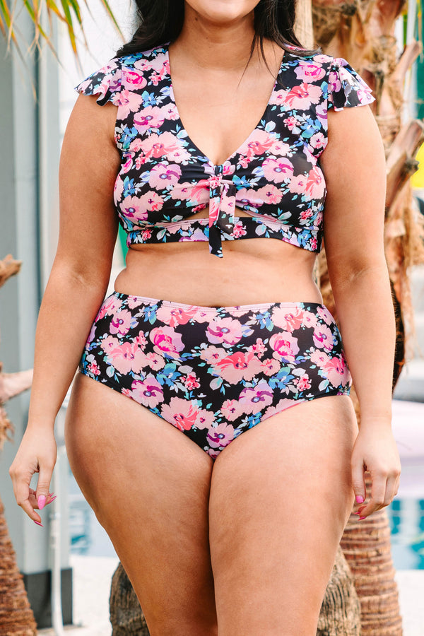 Chic Soul plus size clothing, black swim top with multicolor floral print