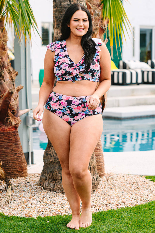Chic Soul plus size clothing, black swim top with multicolor floral print