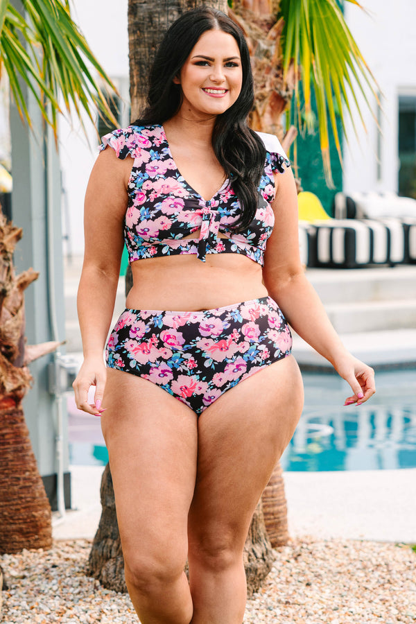 Chic Soul plus size clothing, black swim top with multicolor floral print