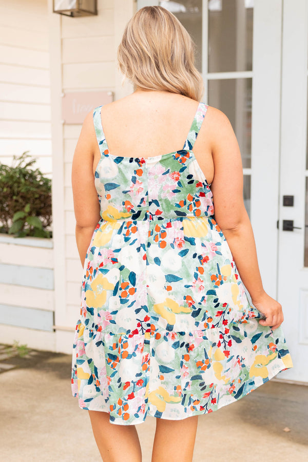 Chic Soul plus size clothing, green multi color floral tank sleeve babydoll dress