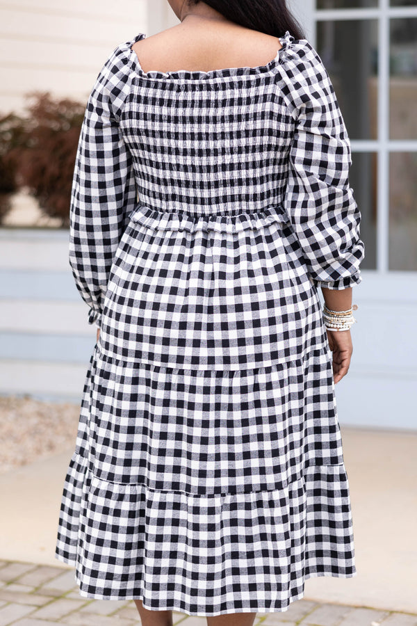 Chic Soul plus size clothing, black and white gingham pattern midi dress with smocked bodice