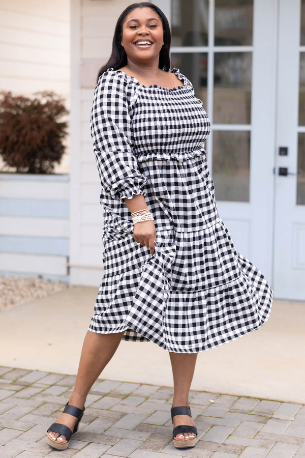 Chic Soul plus size clothing, black and white gingham pattern midi dress with smocked bodice
