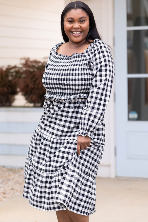 Chic Soul plus size clothing, black and white gingham pattern midi dress with smocked bodice