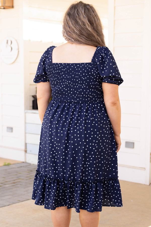 Chic Soul plus size clothing, navy blue short puff sleeve square neck babydoll dress with white polka dots 