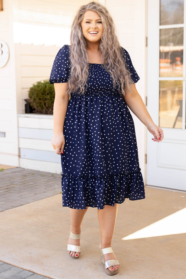 Chic Soul plus size clothing, navy blue short puff sleeve square neck babydoll dress with white polka dots 