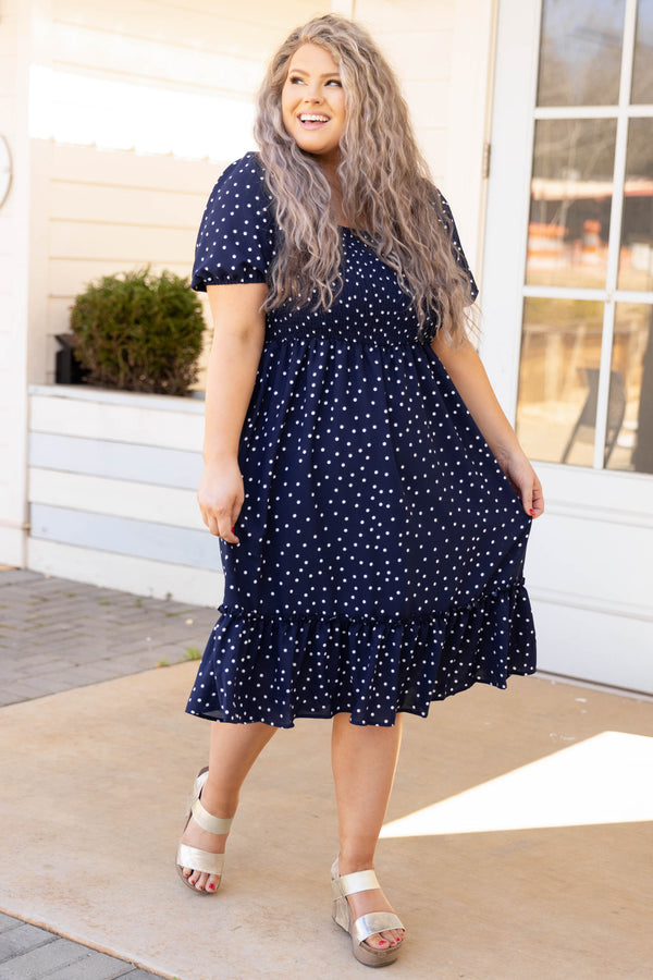 Chic Soul plus size clothing, navy blue short puff sleeve square neck babydoll dress with white polka dots 
