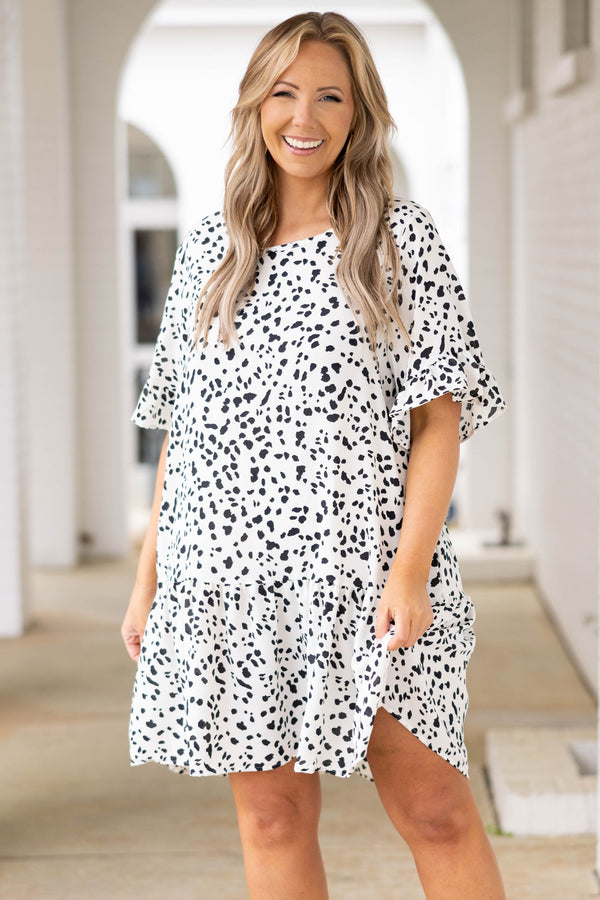 Chic Soul plus size clothing, ivory leopard pattern dress with ruffle sleeves and hemline