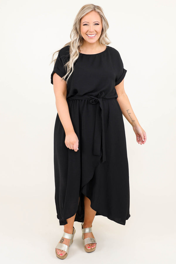 Chic Soul plus size clothing, black short sleeve tie waist tie waist with front slit