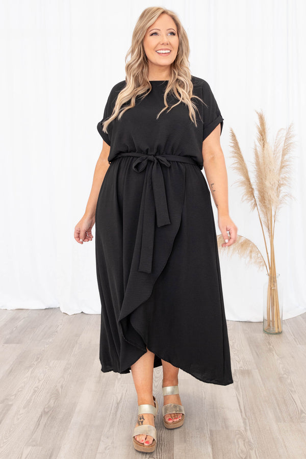 Chic Soul plus size clothing, black short sleeve tie waist tie waist with front slit