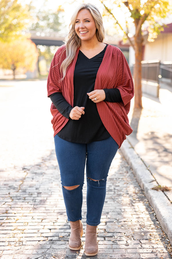 Chic Soul plus size clothing, rust solid half length sleeve cardigan