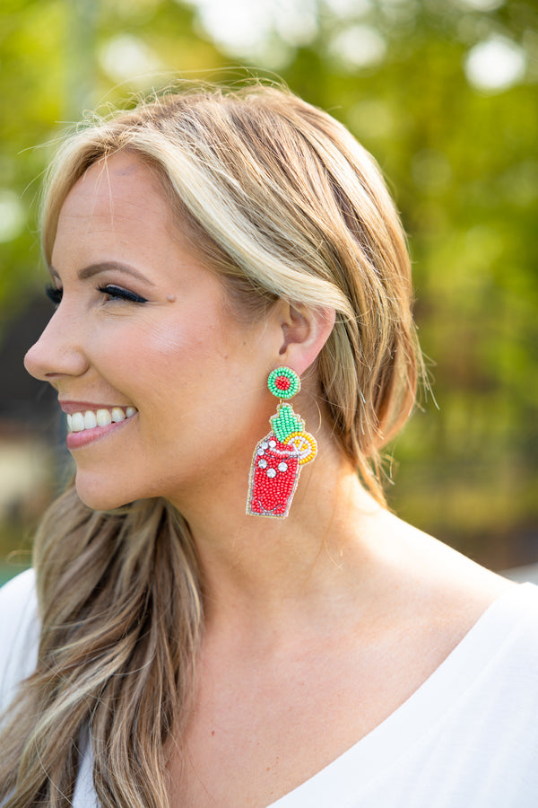 Chic Soul plus size clothing, beaded red drink with lemon dangle earrings