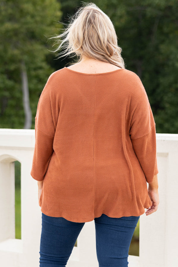 Chic Soul plus size clothing, camel solid three quarter length sleeve knot in the front top