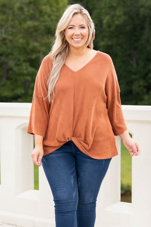 Chic Soul plus size clothing, camel solid three quarter length sleeve knot in the front top