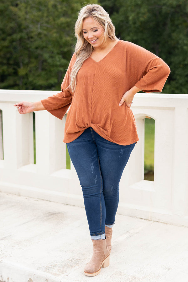 Chic Soul plus size clothing, camel solid three quarter length sleeve knot in the front top