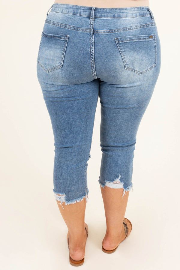 Chic Soul plus size clothing, light wash denim distressed frayed ends capri blue jean shorts					