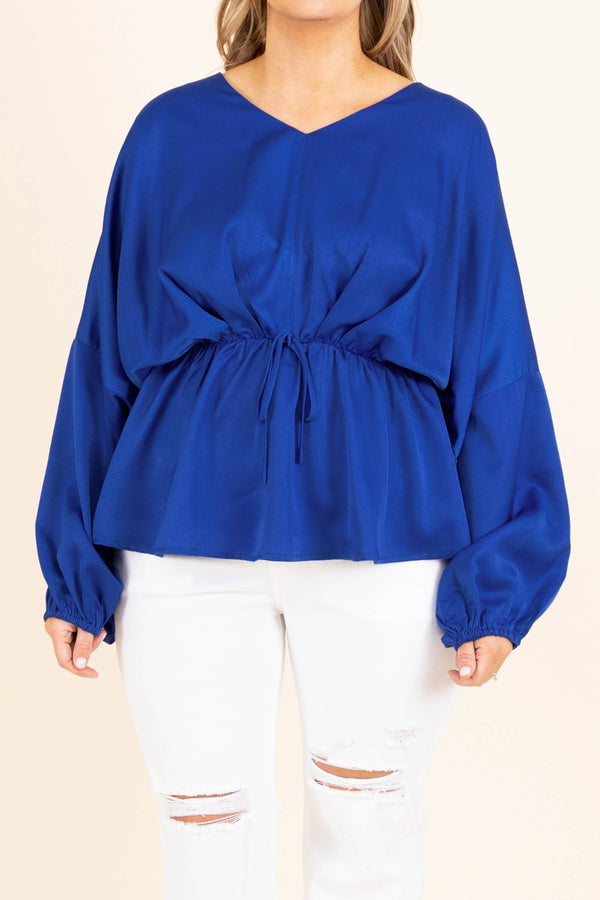 Chic Soul plus size clothing, blue long sleeves top with bubble sleeves and cinched waist