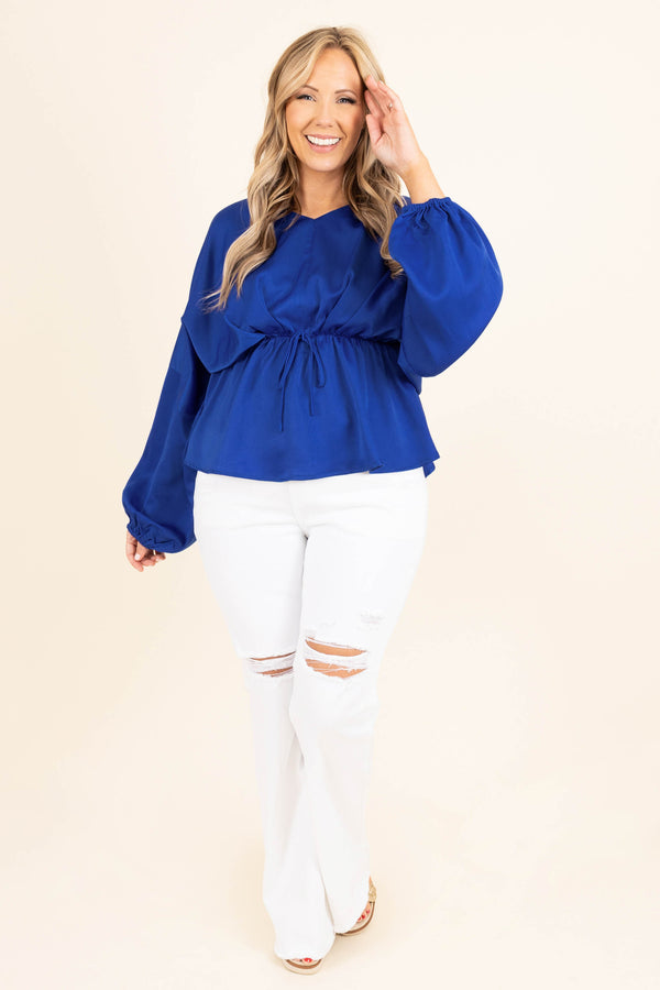 Chic Soul plus size clothing, blue long sleeves top with bubble sleeves and cinched waist