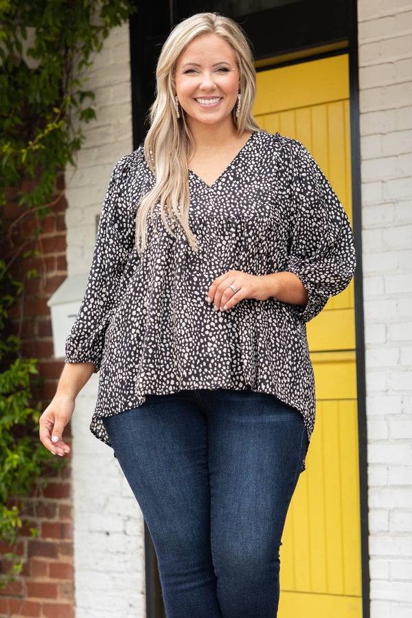 Chic Soul plus size clothing, v neck black and ivory spotted long sleeve top 
