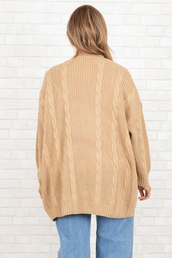 Chic Soul plus size clothing, brown knitted design cardigan with pockets