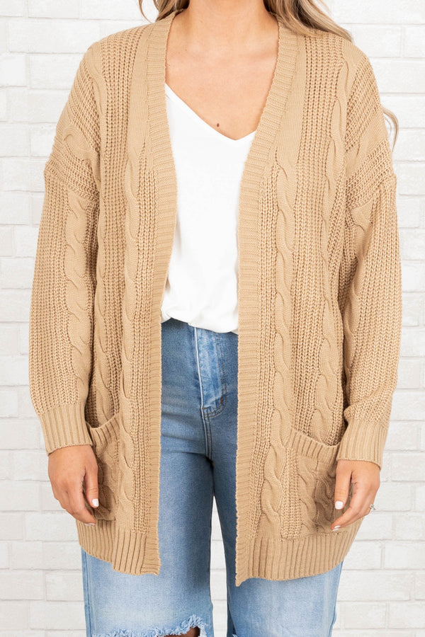 Chic Soul plus size clothing, brown knitted design cardigan with pockets