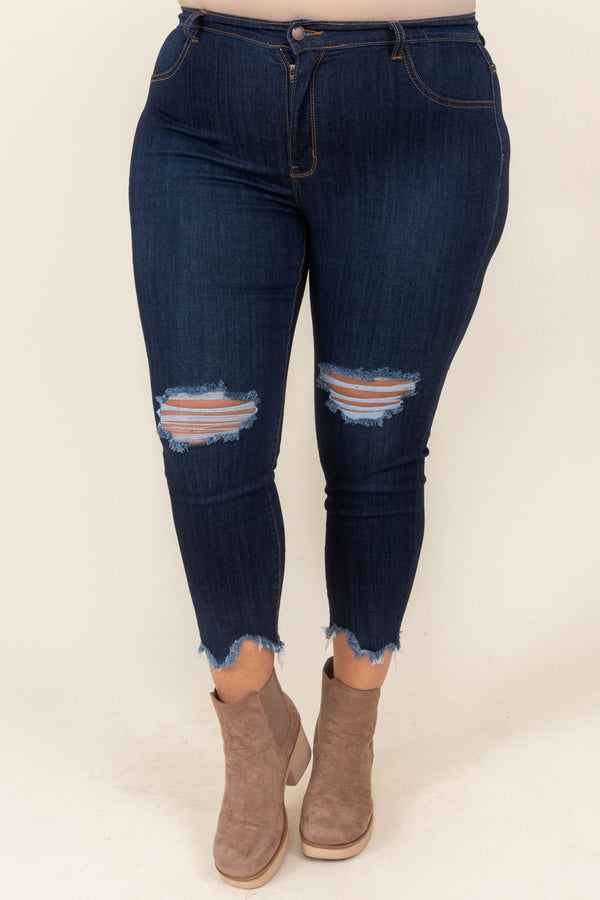 Chic Soul plus size clothing, dark wash skinny jeans with distressed detail on knees