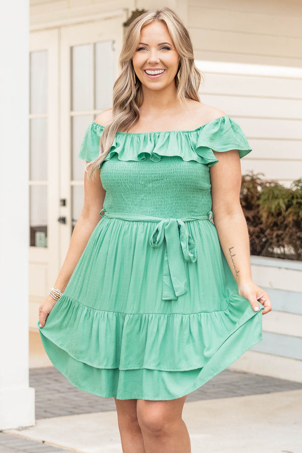 Chic Soul plus size clothing, emerald green off the shoulder dress with smocked bodice and ruffles