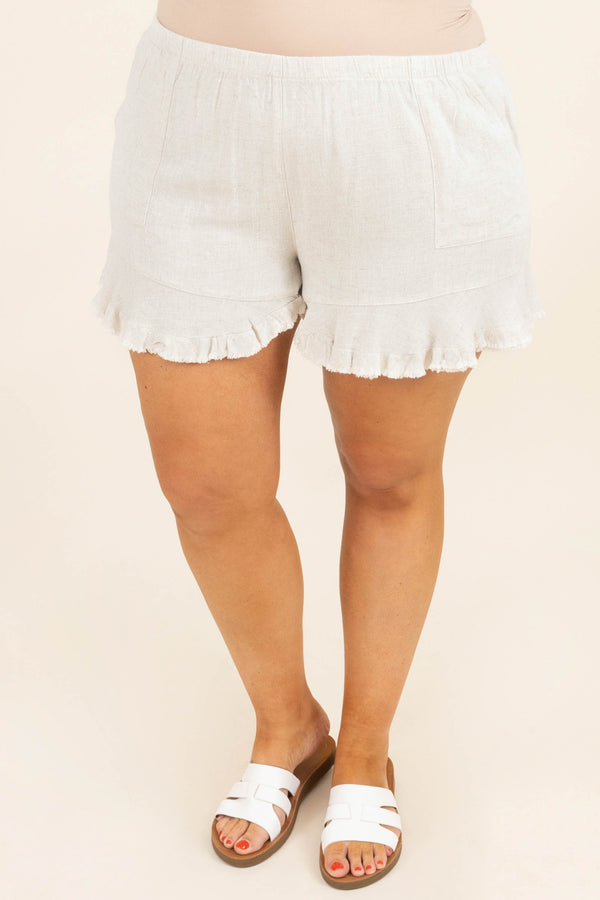 Chic Soul plus size clothing, oatmeal frayed shorts