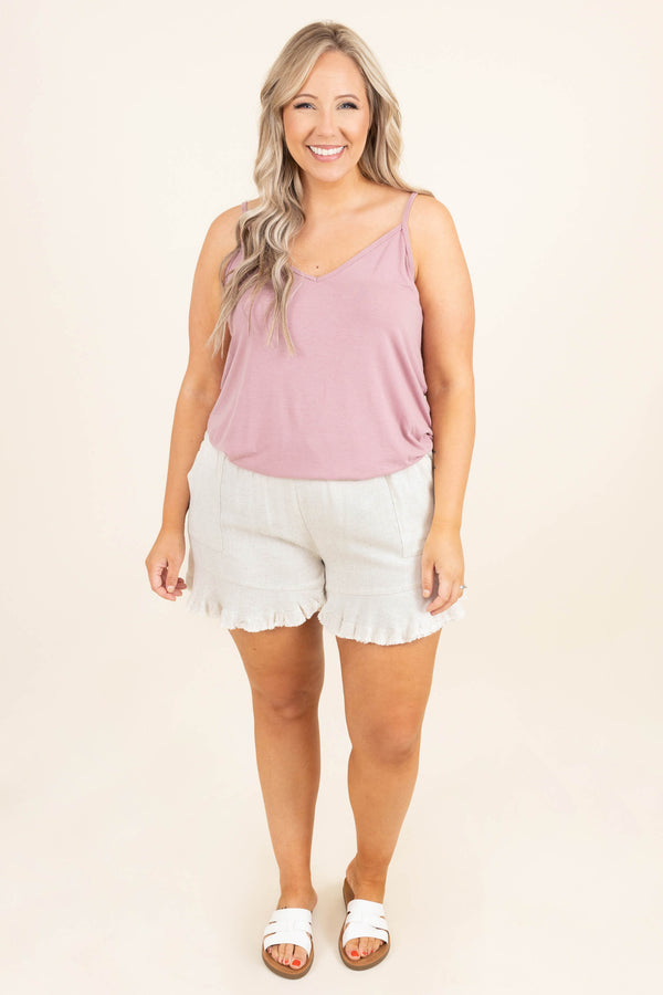 Chic Soul plus size clothing, oatmeal frayed shorts