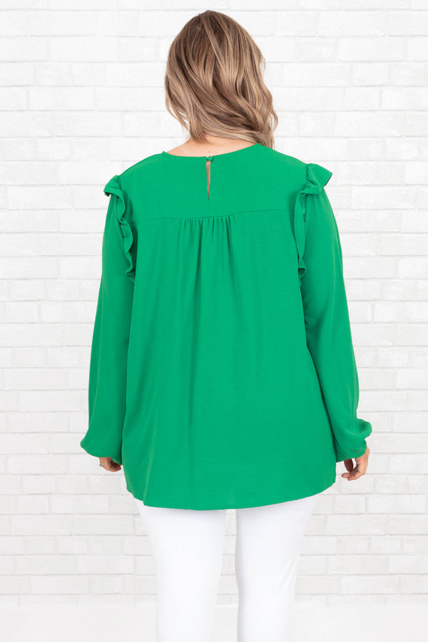 Chic Soul plus size clothing, green flowy top with ruffles on the sleeves